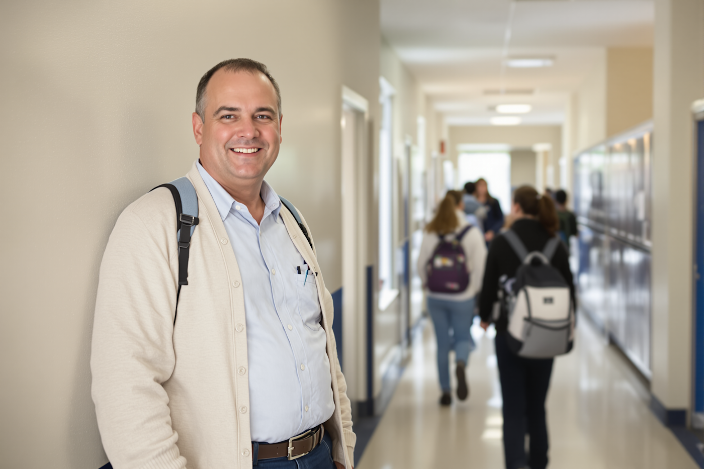 A staff member in a school hallway in daylight.