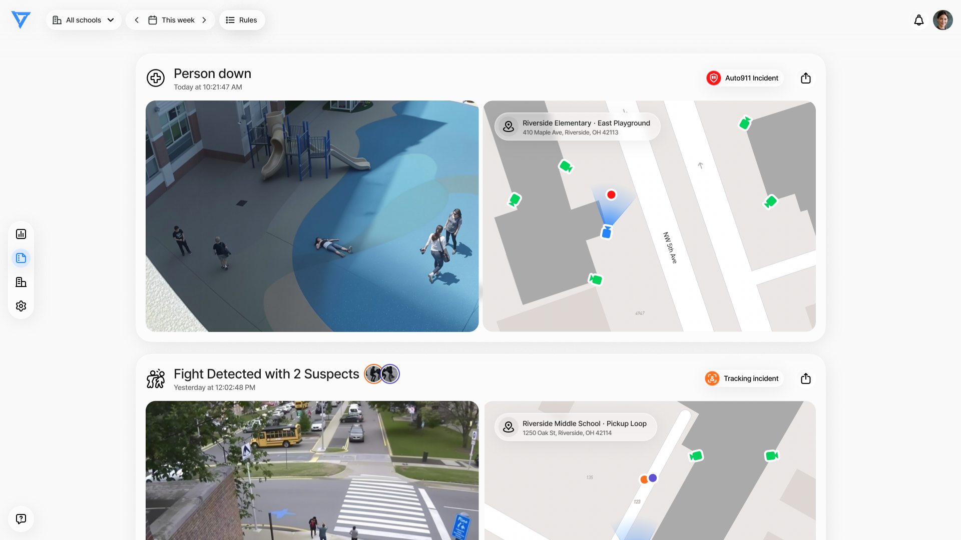 The VOLT alert view: a verified person-down alert showing the camera view beside a campus map with camera locations.