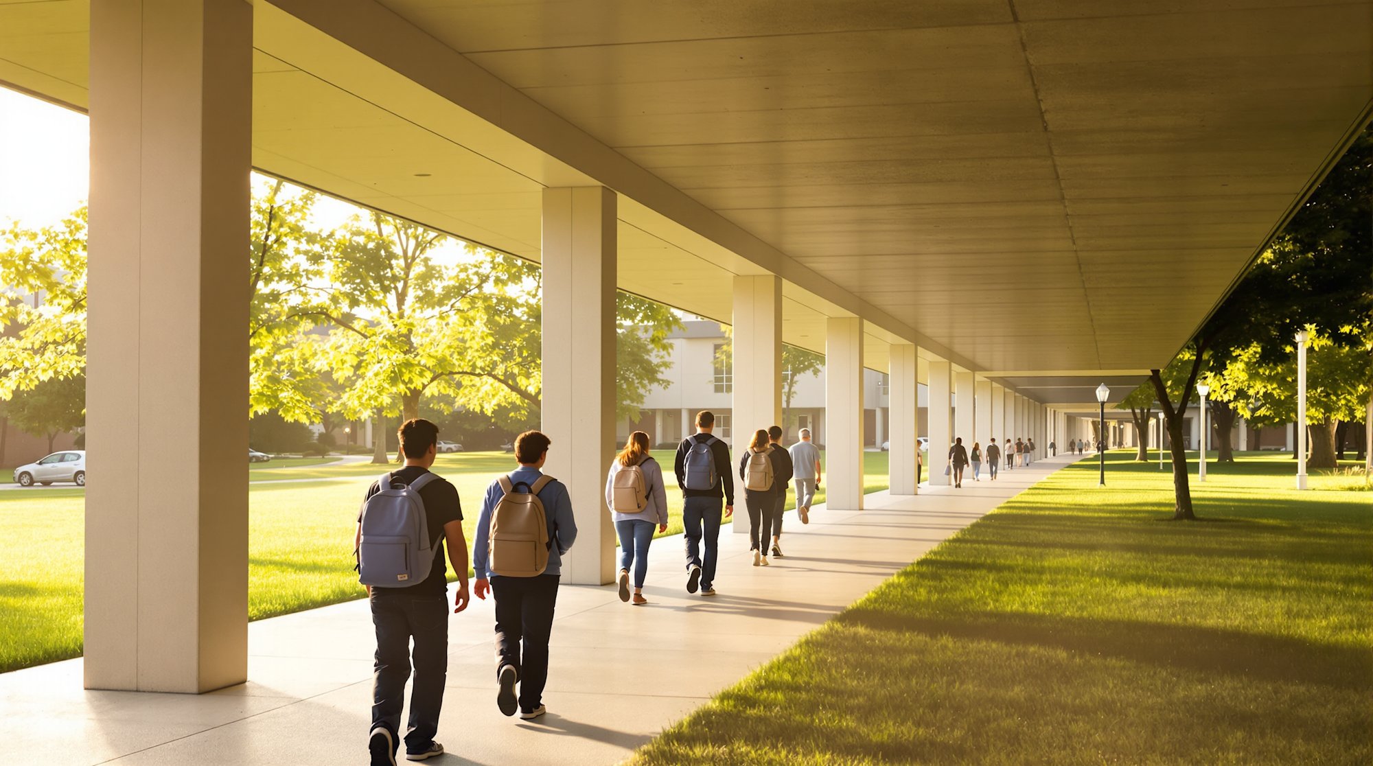 Students with backpacks walking along a sunlit covered walkway between school buildings in the morning.