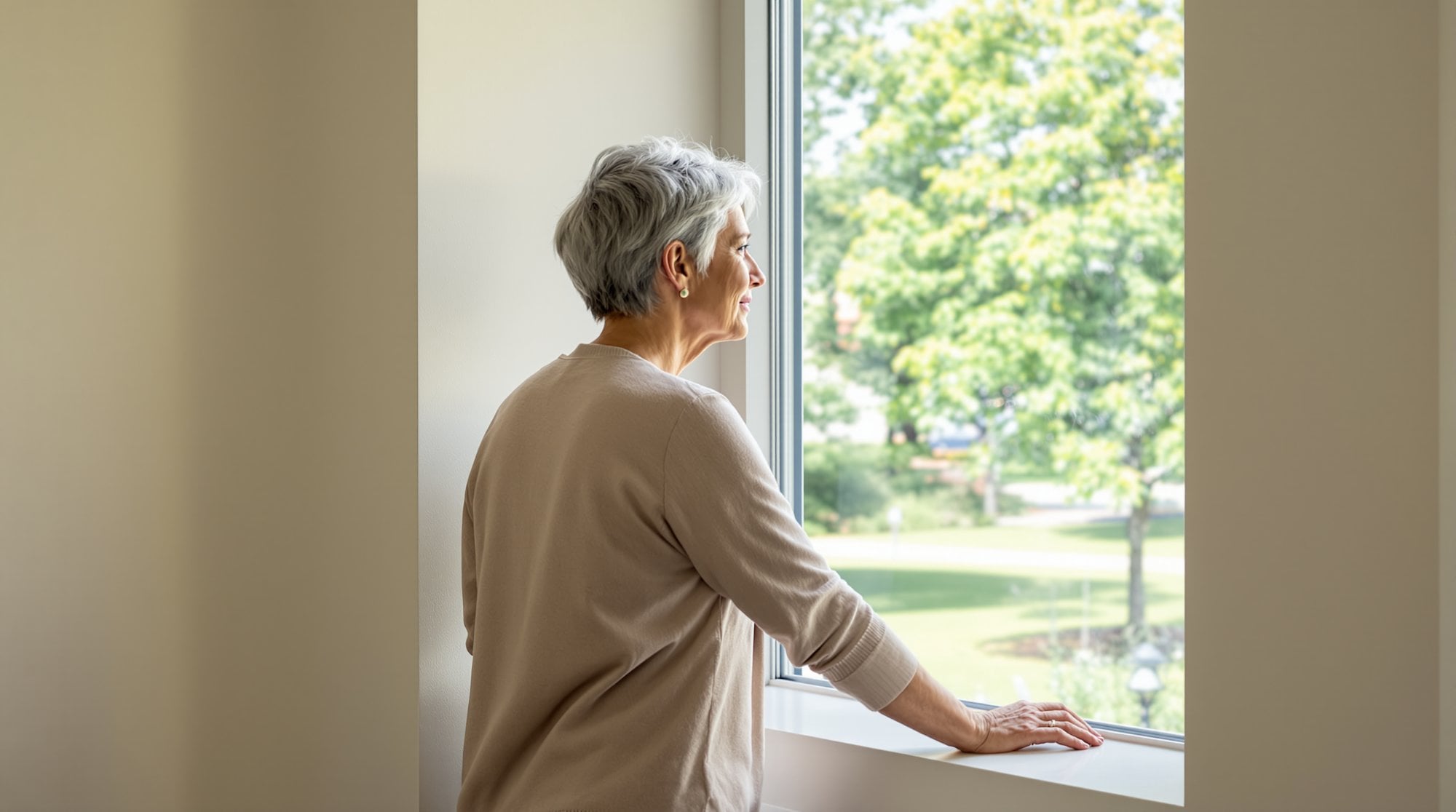 A school administrator standing at an office window, looking out over a sunlit school courtyard.