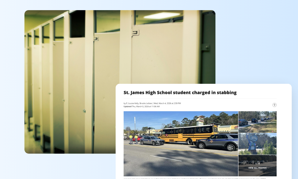A student was stabbed in a bathroom at St. James High School in Horry County, South Carolina on March 4, 2026. The incident raises critical questions about blind spot coverage in school security — specifically in spaces where cameras typically don't go.