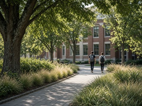 An open campus edge where a walkway meets the grounds, with no fence or gate.