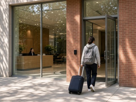 A residence hall front desk at the building entrance.