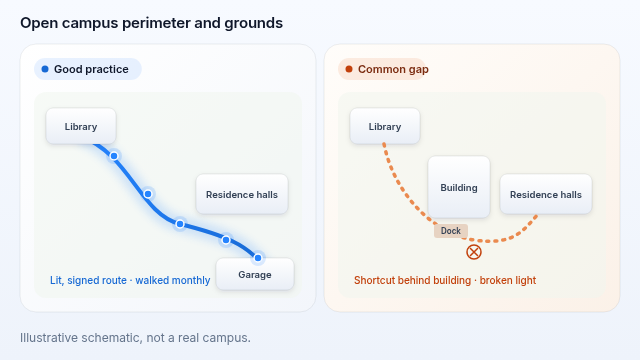 Illustrative schematic of an open campus perimeter and grounds.