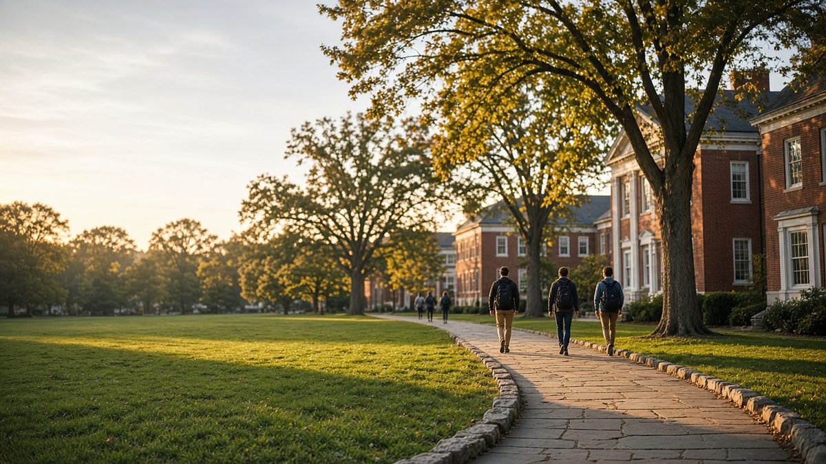 College quad at golden hour with students walking along a stone path.